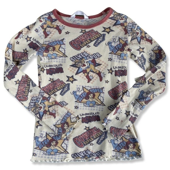 ⭐️COWGIRL CUTIES Waffle weave Vintage Cowgirl Print thermal shirt - Picture 1 of 4